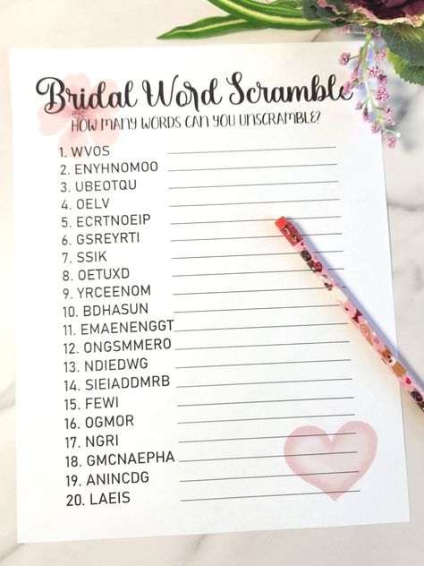 Bridal Shower Games Word Scramble, Word Scramble Bridal Shower Game, Bridal Shower Mad Libs Free Printable, Fun Bridal Shower Games Free Printable, Wedding Word Scramble, Free Bachelorette Party Games, Bridal Shower Word Scramble, Bridal Shower Games Free Printables, Free Printable Bridal Shower Games