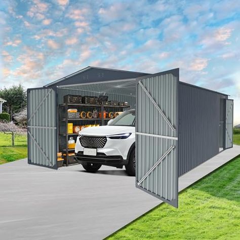 20 x 13 FT Outdoor Storage Shed, Large Metal Garden Shed with 2 Lockable Doors, Tool Shed Outdoor Storage with 4 Air Vents, Garage Shed Waterproof for Car, Truck, Bike, Garbage Can, Tool, Black Front Double Door, Outdoor Storage Buildings, Shed Backyard, Metal Garage Buildings, Prefab Garages, Big Sheds, Steel Reinforcement, Car Shed, Outdoor Shed