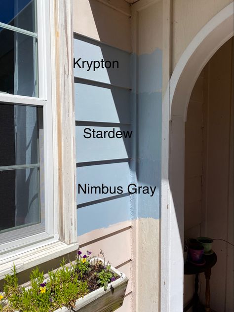 Stardew Exterior Paint, Light Blue Exterior Paint, Bm Nimbus, Sw Krypton, Sw Stardew, Blue Exterior Paint, Nimbus Gray, Blue Exterior, Color Boards