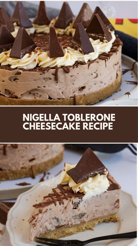 This delicious Toblerone cheesecake is an indulgent treat that’s both creamy and simple to make. Inspired by Nigella Lawson, this no-bake dessert combines rich chocolate, smooth cream cheese, and a buttery biscuit base. With a few common ingredients, it’s easy to customize and perfect for any occasion! No Bake Toblerone Cheesecake, Easy Cheesecakes To Make, Christmas Chocolate Cheesecake, Toblerone Dessert, Toblerone Recipes, Easy Cheesecake Recipes No Bake, Toblerone Cheesecake Recipe, Cheesecake Recipes Easy No Bake, Nigella Lawson Desserts