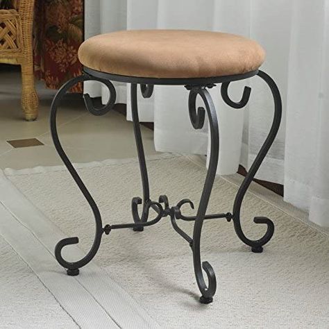 International Caravan Round Iron Vanity Stool with Cushion Lit Mirror, Metal Vanity, Stool With Cushion, Vanity Benches, Iron Stools, Contemporary Vanity, Round Stool, Vanity Stool, Stool Design