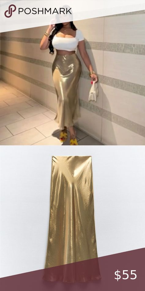 ZARA women's Flowy Maxi Skirt NWT gold metallic Flowy Maxi Skirt, Flowy Maxi Skirts, Zara Gold, Zara Dresses, Zara Women, Maxi Skirt, Gold Metal, Dress Es, Zara