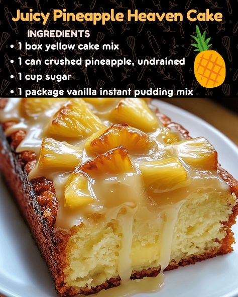 Juicy Pineapple Heaven Cake Crushed Pineapple Cake, Cherry Crisp Recipe, Heaven Cake, My Heavenly Recipes, Angel Food Cake Desserts, Pineapple Cake Recipe, Heavenly Recipes, Pineapple Dessert Recipes, Yellow Cake Recipe