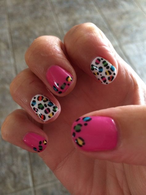 Bright pink shellac with multi coloured leopard print in white. Short nails too! Pink Leopard Print Nails Short, Colourful Leopard Print Nails, Rainbow Leopard Nails, Bright Leopard Nails, Bright Animal Print Nails, Pink Shellac, Pink Leopard Nails, Jazzy Nails, White Short Nails