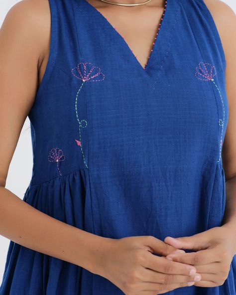 Twirl with grace and celebrate in style with our blue side-gathered midi dress. Featuring delicate hand embroidery & fine french knot detailing, it's the perfect choice to make your day a dance of elegance." About Product: Fabric: Cotton Craft: Hand weaving & hand embroidered Colour: Midnight blue Garment measurement in Inches: in Inches XS S M L XL Length 42 42 42 42 42 Chest 32 36 40 44 48 Waist 30 34 38 42 46 Custom: As per your suggestion and requirement.For size and length customization , k 2024 New Design Dress, Blue Colour Dress Design, Hand Embroidery On Dress, Cotton Dress Designs Patterns, A Line Cotton Dress, Cotton Embroidery Dress, Cotton Dress Pattern Indian, Gather Dress, Blue Embroidered Dress