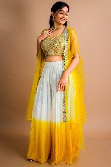 Outfit For Haldi Function, Outfit For Haldi, Haldi Dress Ideas, Long Shrug, डिजाइनर कपड़े, Haldi Ceremony Outfit, Haldi Dress, Ceremony Outfit, Haldi Outfits