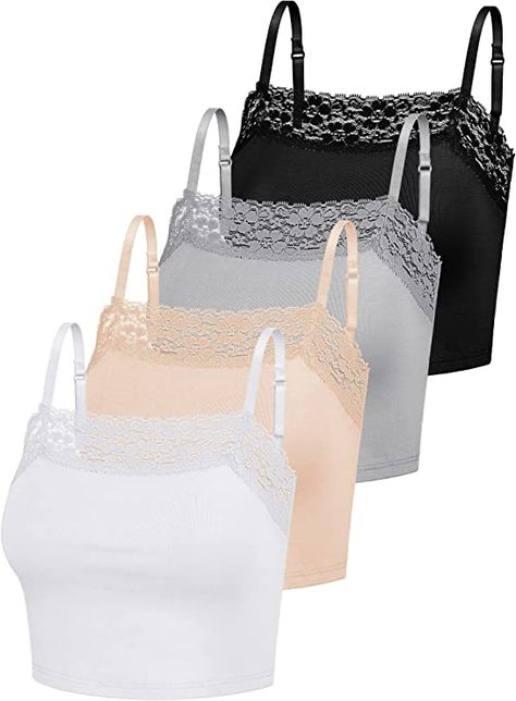 4 Pcs Women's Camisole with Lace Trim Lace Crop Top Half Cami Top Breathable Lace Bralettes Cami Crop Lace Tank Tops for Girl(Black, Gray, Beige, White,Large) Low Neckline Dress, Lace Spaghetti Strap Top, Tops With Lace, Trim Design, Spaghetti Strap Crop Top, Womens Camisoles, Lace Cami Top, Lace Bandeau, Spaghetti Strap Top