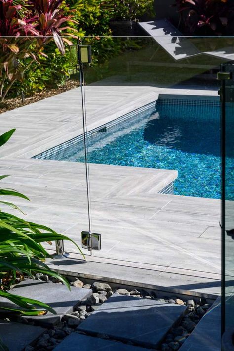 Pools With Porcelain Coping And Tiling - The Pool Tile Company Swimming Pool Coping And Tile, Travertine Pool Tile, Pool Coping And Tile, Pool Tile And Coping, Porcelain Pool Tile, Pool Tile Ideas, Pool And Patio Ideas, Pool Coping Tiles, Pool Tile Designs