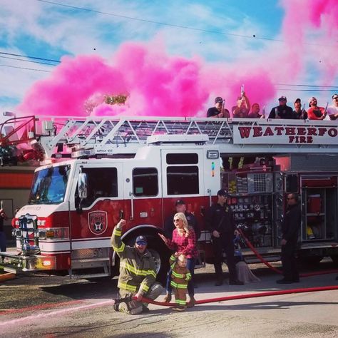 Gender Reveal, Firetruck gender reveal! Smoke cannons, It’s a girl Girl Gender Reveal Ideas For Party Firefighter, Fire Gender Reveal Ideas, Gender Reveal Ideas For Firefighters, Fire Hose Gender Reveal, Firetruck Gender Reveal Ideas, Fire Truck Gender Reveal, Firefighter Gender Reveal Party, Fireman Gender Reveal Ideas, Fire Fighter Maternity Pictures