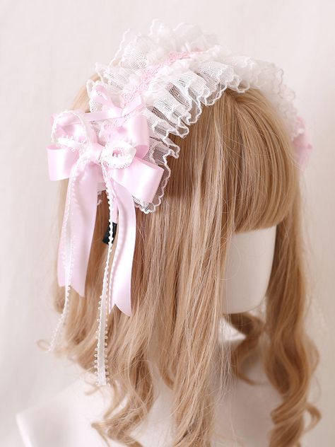 Elevate your kawaii style with this charming pink sweet bowknots lace hairband/KC. The delicate lace and adorable bowknots add a touch of sweetness to any outfit. Add a dash of cuteness to your ensemble with this must-have accessory!  Please note that this product includes only the hairband or KC. Pink And White Accessories, Kawaii Accessories Hair, Kawaii Headband, Micro Pig, Lace Hairband, Pink Hairband, Steampunk Fashion Female, Hair Roblox, Moodboard Inspo