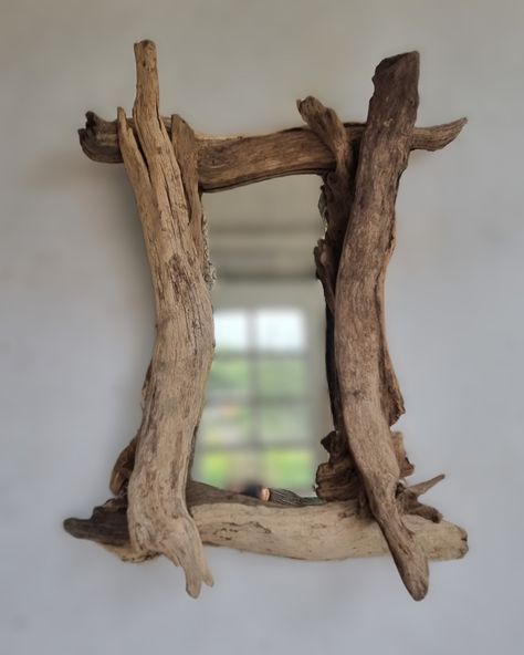 Landscape or Portrait. Drift Wood Ideas Diy Projects, Drift Wood Mirror, Button Christmas Cards, Beach Mirror, Funky Mirrors, Driftwood Ideas, Driftwood Frame, Driftwood Furniture, Driftwood Mirror