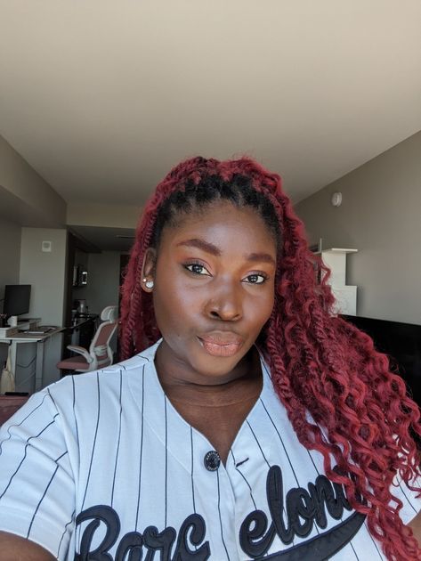 Black girl with red goddess spring twists with red eyebrows wearing a baseball jersey Twists With Curly Ends, Red Goddess, Spring Twists, Twist, Hair Styles, Hair, Red, Color