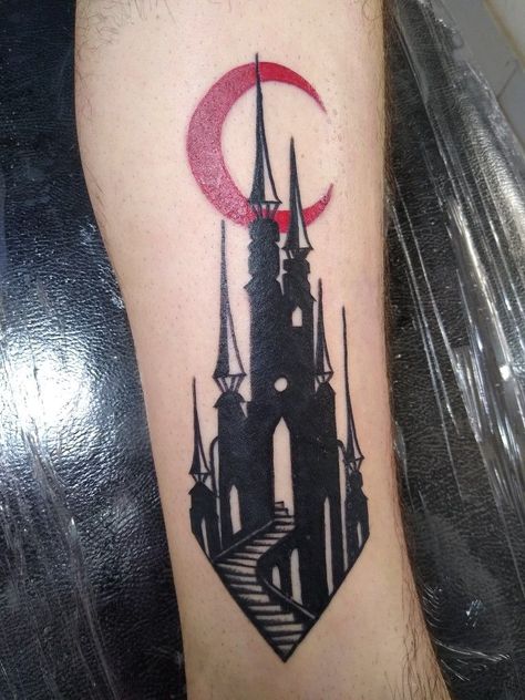 Dracula Bat Tattoo, Castlevania Castle Tattoo, Dracula Inspired Tattoo, Vampire Tatoos Ideas, Vampire Tattoo Sleeve, Vampire Themed Tattoos, Gothic Vampire Tattoo, Draculas Castle Castlevania, Vampire Castle Tattoo