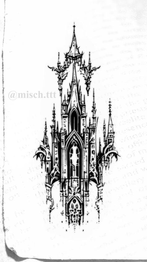 Gothic Cathedrals Tattoo, Cybersigilism Cathedral, Victorian Tattoo Design, Cybersigilism Castle, Gothic Building Tattoo, Gothic Cathedral Drawing, Gothic Castle Drawing, Cathedral Tattoo Design, Dark Gothic Tattoo Ideas