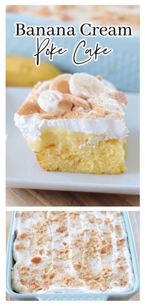 Banana Cream Pie Cake, Cream Poke Cake, Easiest Desserts, Instant Banana Pudding, Banana Pudding Poke Cake, Pudding Poke Cake, Banana Cream Pie Recipe, Banana Cream Pudding, Banana Pudding Cake