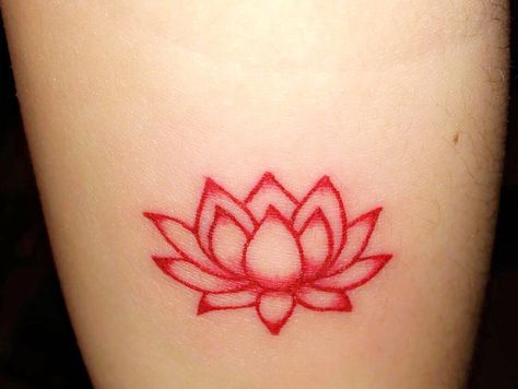 Red ink lotus tattoo Small Red Lotus Tattoo, Red Ink Lotus Tattoo, Red Water Lily Tattoo, Lotus Flower Tattoo Red Ink, Lotus Flower Tattoo Small Simple, Healed Red Tattoo, Water Lotus Tattoo, Lotus Flower Tattoo On Back, Red Ankle Tattoo