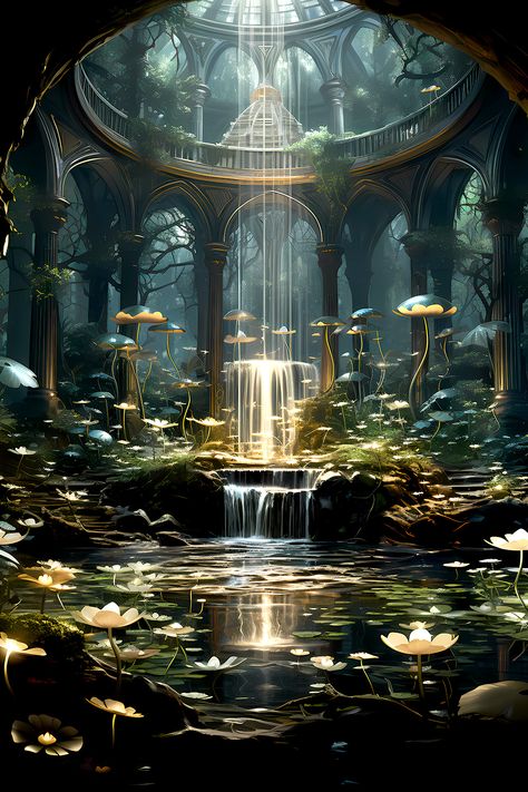 Moody Drawings, Fantasy Fountain Art, Fountain Fantasy Art, Fantasy Forest Aesthetic Art, Fantasy Pond, Fantasy Fountain, Magical Fountain, Magical Pond, Fantasy Pond Concept Art