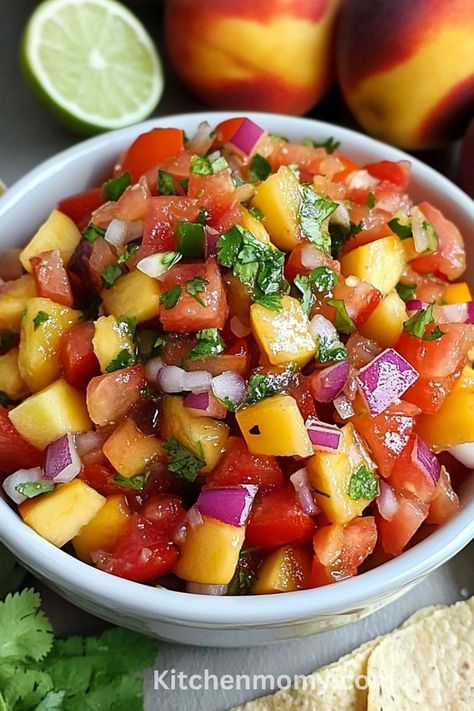 Peach Salsa Perfection: A Delicious Recipe for Any Occasion Cilantro Substitute, Peach Salsa Recipe, Peach Salsa Recipes, Peach Salsa, Salsa Recipe, Grilled Pork, Fresh Lime, Grilled Meat, Easy Food To Make