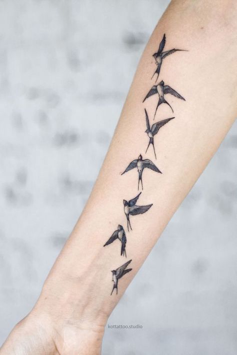 Swallow Tattoo Meaning, Swallow Tattoos, Swallow Tattoo Design, Swallow Bird Tattoos, Small Bird Tattoos, Outer Forearm Tattoo, Vogel Tattoo, Romantic Tattoo, Sparrow Tattoo