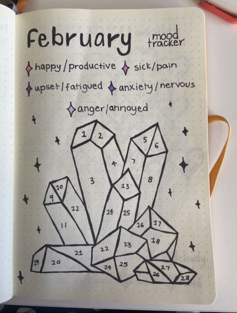 #bujo #bulletjournal #moodtracker #weathertracker #february #crystals Crystal Mood Tracker, Crystal Bujo Theme, February Crystals, Mood Tracker February, February Mood Tracker, 2024 Bujo, February Bullet Journal, Bullet Planner, Bullet Journal Aesthetic