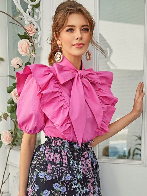 Neon Pink Tie Neck Exaggerate Ruffle Trim Top | SHEIN USA Frilly Blouse, Ruffle Trim Top, Organza Top, Fancy Tops, Fashion Tops Blouse, Pretty Blouses, Satin Blouses, Trim Top, Pink Tie