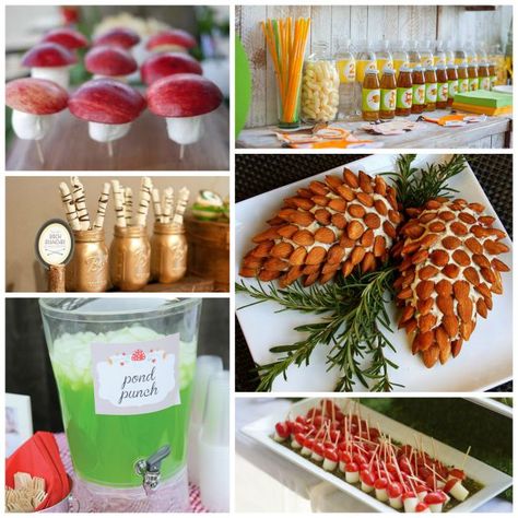 Woodland Party Food and Drinks! Healthy Woodland Party Food, Nature Theme Food Ideas, Mountain Themed Food Party Ideas, Snacks For Woodland Party, Wilderness Party Food, Nature Themed Birthday Party Food Ideas, Woodland Fruit Display, Diy Woodland Party Decor, Woodlands Charcuterie