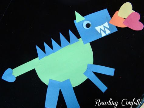 Shape dragons for The Knight and the Dragon by Tomie dePaola.  Great activity for reviewing shapes or beginning the study of illustrations Book Club For Kids, Tomie Depaola, Dragons Love Tacos, St Georges Day, Crafts And Activities For Kids, Fairy Tale Theme, Dragon Crafts, The Knight, Kindergarten Art