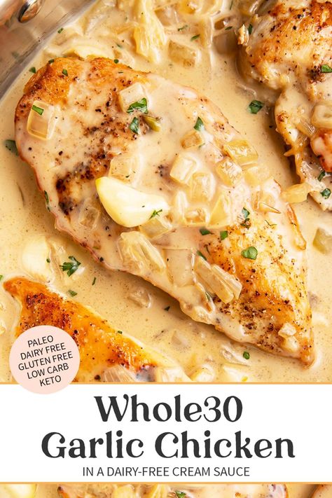 This creamy garlic chicken is out-of-this-world delicious and seriously might be my favorite Whole30 recipe ever! Packed with savory flavors and tons of rich, roasted garlic, the tender chicken and creamy sauce just put it all over the edge. Serve over mashed potatoes or cauliflower and sink in. Antiinflammatory Meals Chicken, Whole30 Potato Recipes, Whole Food 30 Recipes, Whole 30 Recipes Chicken, Vegetarian Whole 30 Recipes, Paleo Chicken Thigh Recipes, Simple Whole 30 Recipes, Whole 30 Crockpot Chicken, Spain Meals