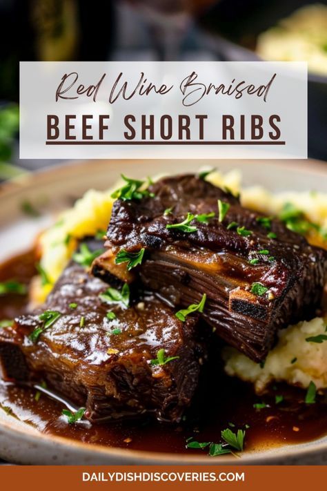 Indulge in the rich, savory flavors of red wine braised beef short ribs! Perfect for a cozy dinner, this recipe guarantees tender, flavorful meat. Click now for the full recipe! #BeefShortRibs #GourmetCooking #DinnerIdeas #ComfortFood #FoodieFavorites Beef Short Ribs In Red Wine Sauce, Braised Beef Short Ribs Half Baked Harvest, Best Red Wine Braised Short Ribs, Beef Braised In Red Wine, Braised Beef Short Ribs In Red Wine, Best Braised Beef Short Ribs, Wine Braised Short Ribs Slow Cooker, Red Wine Ribs, Braised Short Ribs With Polenta