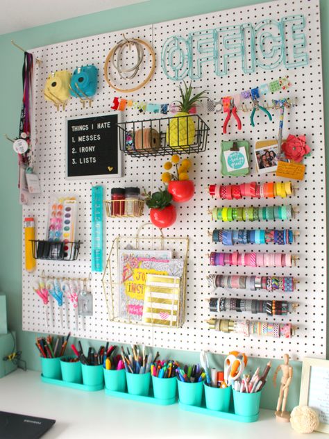 Colorful Pegboard Wall Pegboard Craft Room, Craft Room Ideas, Pegboard Storage, Pegboard Organization, Kids Craft Room, Dream Craft Room, Craft Room Design, Craft Area, Diy Craft Room