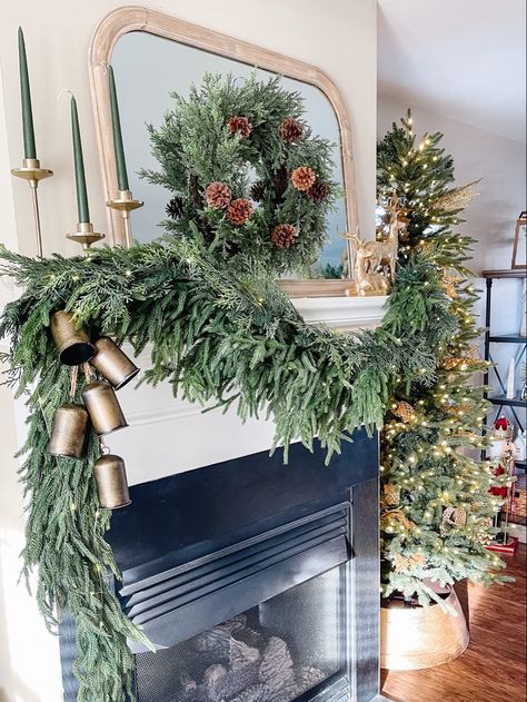 Farmhouse Christmas Mantle, Norfolk Pine Garland, Christmas Garland Mantle, Norfolk Pine, Mantel Design, Cozy Christmas Decor, Neutral Christmas, Christmas Mantle Decor, Christmas Fireplace Decor