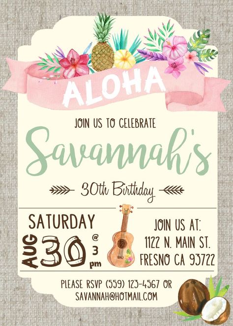 Luau Birthday Party Invitations, Aloha Birthday, Hawaiian Invitations, Luau Party Invitations, Sweet 17, Aloha Party, Luau Birthday Party, Hawaiian Luau Party, Hawaiian Birthday Party