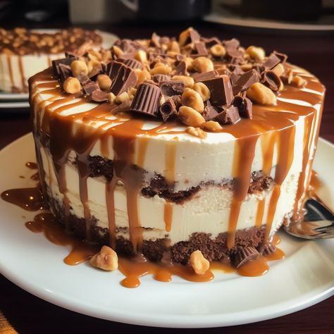 a delicious Snickers ice cream cake with layers of vanilla ice cream, caramel, chocolate fudge, chopped Snickers bars, and roasted peanuts. Snickers Cake Recipe, Snickers Ice Cream Cake, Different Ice Cream Flavors, Ice Cream Caramel, Cake With Layers, Snickers Ice Cream, Snickers Cake, Snickers Candy, Ice Cream Cake Recipe