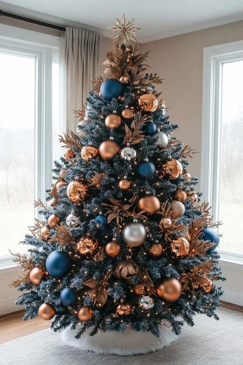 Blue Christmas Tree Christmas Themes Colors, Navy And Bronze Christmas Tree, Navy And Green Christmas Tree, Christmas Tree Colors 2024, Burgundy And Blue Christmas Tree, Color Theme Christmas Tree Ideas, Manly Christmas Tree, Black And Blue Christmas Tree, Dark Blue Christmas Aesthetic