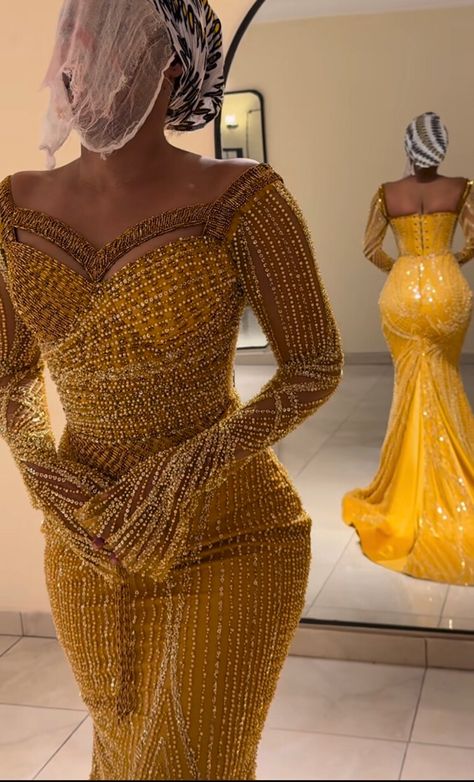 Nigerian Lace Styles Dress Off Shoulder, Orange Nigerian Dress, Halter Neck Asoebi Styles, Long Sleeve Asoebi Lace Styles, Igbo Attire For Women, Naija Lace Dress Styles, African Lace Dresses Nigerian Fashion, Congolese Traditional Clothing, Yellow African Dress