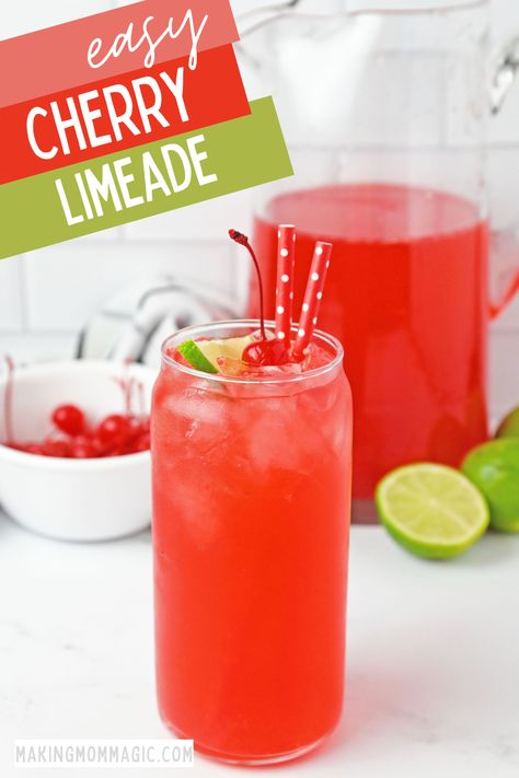 This delicious Cherry Limeade recipe makes an entire pitcher of limeade for the whole family to enjoy! Cherry Limeade Recipe, Roasted Vegetables With Chicken, Easy Bruschetta Recipe, Homemade Strawberry Lemonade, Limeade Recipe, Strawberry Lemonade Recipe, Frozen Limeade, Chicken Salad Sandwich Recipe, Yummy Summer Drinks