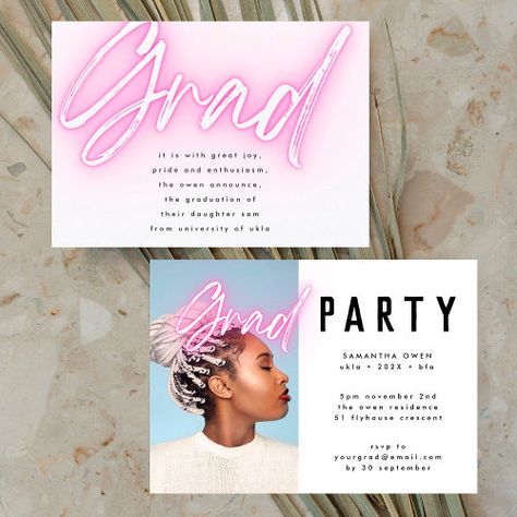 Pink Neon Elegant Ombre Grad Photo Party Invitation #zazzle #weddinginvitations #birthdayinvitations #babyshowerinvitations #zazzleinvitations #monogram #businesscards #graduation #homedecor Graduation Invitations High School, Invitation Graduation, Graduation Templates, Photo Party, Calligraphy Cards, Modern Party, Graduation Announcement, Grad Photos, Pink Neon