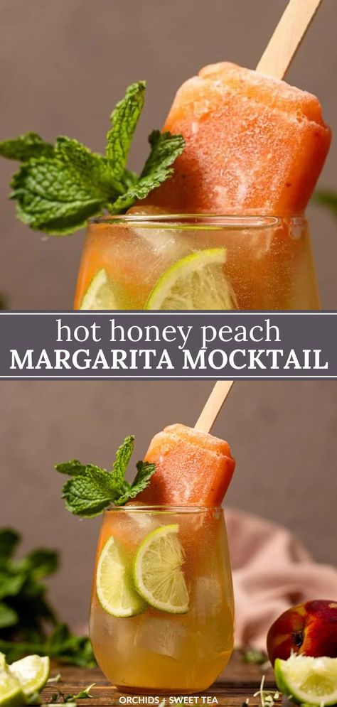 Get ready to bring the heat with our Hot Honey Peach Margarita Mocktail! This drink is like a party in a glass—sweet, spicy, and oh-so-refreshing. With juicy peaches, a kick of fiery hot honey, and a hint of tangy lime, it's guaranteed to make your taste buds dance. Ready in 5 minutes only. Add in Popsicle + Alcoholic option. | peach mocktail recipe | mocktails with peach | hot honey mocktails | margarita mocktail recipe | non alcoholic peach drinks | summer drink recipes | summer drinks Peach Drink Recipes Nonalcoholic, Mocktails For Tea Party, Spicy Mocktail Recipe, Peach Mocktail Recipe, Peach Drinks Non Alcoholic, Summer Mocktails Non Alcoholic, Mocktail Recipe Non Alcoholic, Margarita Mocktail Recipe, Margarita Mocktail