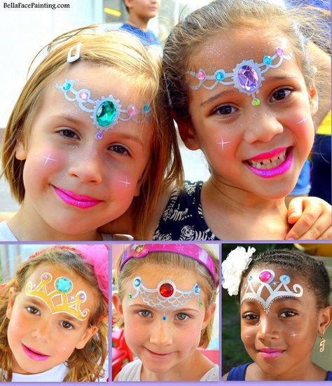 Quick Princess face panting bling spiration! Barbie Face Painting Ideas, Princess Makeup For Kids, Princess Crown Face Paint, Barbie Face Paint, Face Painting Images, Princess Face Painting, Cheek Art, Girl Face Painting, Princess Face