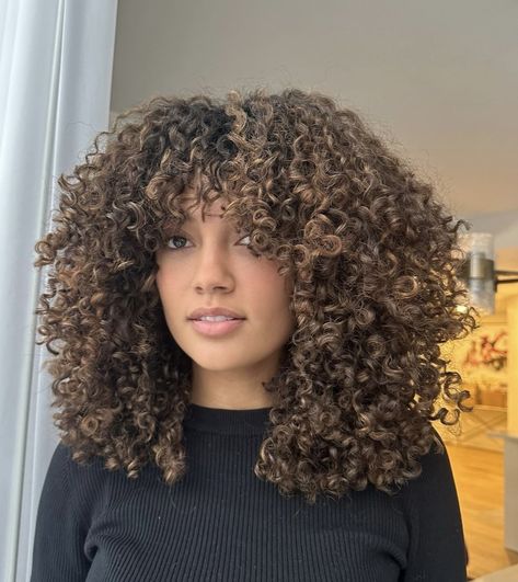 Curly Hair Bangs Highlights, 3c Highlights, Chocolate Brown Hair On Tan Skin, 4c Highlights, Blonde Highlights And Bangs, Ash Brown Curly Hair, Curly Hair Color Ideas Balayage, Bob With Blonde Highlights, Curly Balayage