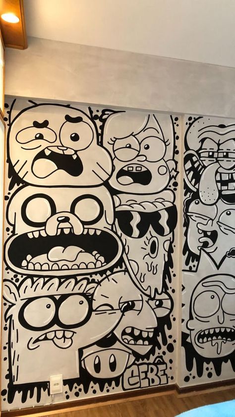 coloring pages 🛑 Drawing On Walls Bedrooms, Wall Doodle Art Bedroom, Cartoon Wall Painting Ideas, Doodle Mural, Anime Mural, Bedroom Art Painting, Graffiti Room, Cartoon Wall Painting, Cartoon Wall Art