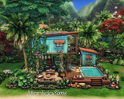 Unique Sims 4 Builds, The Sims 4 Tree House, Sims 4 Jungle House, Sims 4 Tree House, Sims 4 Outdoor Ideas, Sims 4 Bungalow, Sims 4 Beach Bungalow, Sulani Builds Sims 4, Sims 4 Tropical Cc