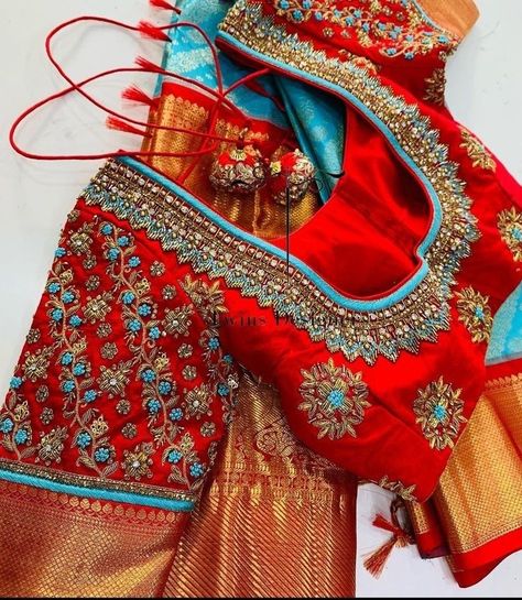 Red And Blue Blouse Work Designs, Sreemantham Pics, Red Blouse Maggam Work Designs, Maggam Work Blouse Designs Latest For Pattu Sarees, Red Blouse Design, Chiffon Blouses Designs, Pink Blouse Designs, Blue Blouse Designs, Netted Blouse Designs