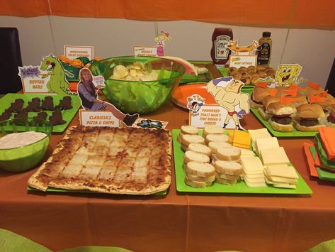 Appetizer ideas for a Nickelodeon themed party. Nickelodeon Party Ideas, 90s Appetizers, 90s Theme Appetizers, Nickolodian Birthday Party, 90s Party Food Appetizers, Nickelodeon Birthday Party, Nickelodeon Theme Party, Nickelodeon 30th Birthday, 90s Nickelodeon Party