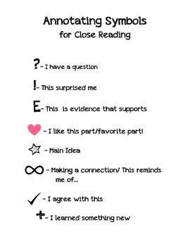 Annotation Symbols for Close Reading Annotating Tips, Annotation Symbols, Reading Annotations, Kelly Gallagher, Close Reading Anchor Chart, Reading Strategies Anchor Charts, Book Annotation Tips, Annotating Books, Close Reading Strategies