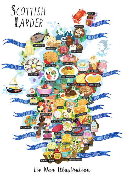 A delicious Scotland food map illustration illustrated by Edinburgh based illustrator Liv Wan Food Map Illustration, Map Of Uk, Scotland Food, Map Illustrations, Food Map, Scotland Map, Scotland Forever, Pictorial Maps, Map Illustration