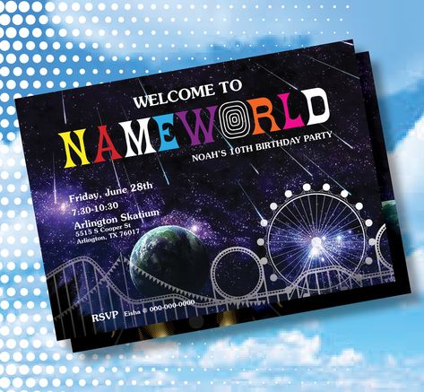 Astroworld Party Invitation [PERSONALIZED] | My Site Astro World Party Theme, Astroworld Theme Party, Astroworld Birthday Party, Travis Scott Party Theme, Astro World Birthday Party, Astro World Travis Scott, Astro World, Homecoming 2024, Homecoming Themes