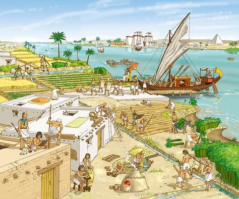 The Nile River was the bedrock of Egyptian Cvilization. Egyptians used it to irrigate their fields, transport commercial goods, and expand their military power in the region. (~6000 BC; Nile, Egypt) Egyptian Village, Nile Egypt, Ancient Egyptian Cities, Ancient Egyptian Architecture, Egypt Concept Art, Ancient World History, Military Illustration, The Nile River, Historical Illustration