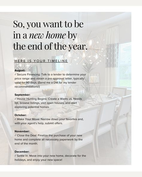 🏡 Ready to Make Your Move? Here's Your Fall Home Buying Timeline! 🍂 Secure Financing: Start by talking to a lender to determine your price range and get pre-approved (valid for 90 days). Need a lender recommendation? DM me! September: 🗓️ ✓ House Hunting Begins! Create your Wants vs. Needs list, explore listings, visit open houses, and start your search for the perfect home. October: 🗓️ ✓ Make Your Move! Narrow down your favorites and, with my help, submit your offers. November: 🗓️ ✓ Close... Buying A Home Vision Board, Buy A House Vision Board, House Vision Board, Home Vision Board, Needs List, Wants Vs Needs, Buying House, Open Houses, Fall Home