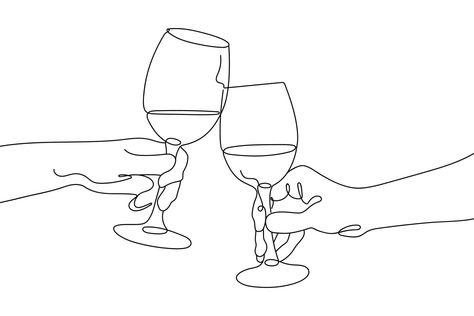 Continuous single Line drawing of Glasses of with drink. People Clink Glasses of Wine. Minimalist linear concept of celebrate and cheering. Vector illustration. Drawing Of Glasses, Wine Glasses Drawing, Wine Minimalist, Wine Making Process, Glasses Of Wine, Etched Wine Glasses, Single Line Drawing, White Wine Glasses, Crystal Wine Glasses